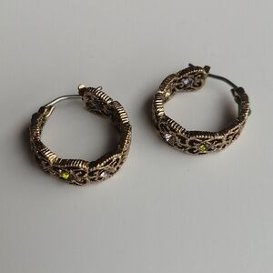 Vintage Filigree Multicolour Rhinestone Bronze Tone Hoop Earrings